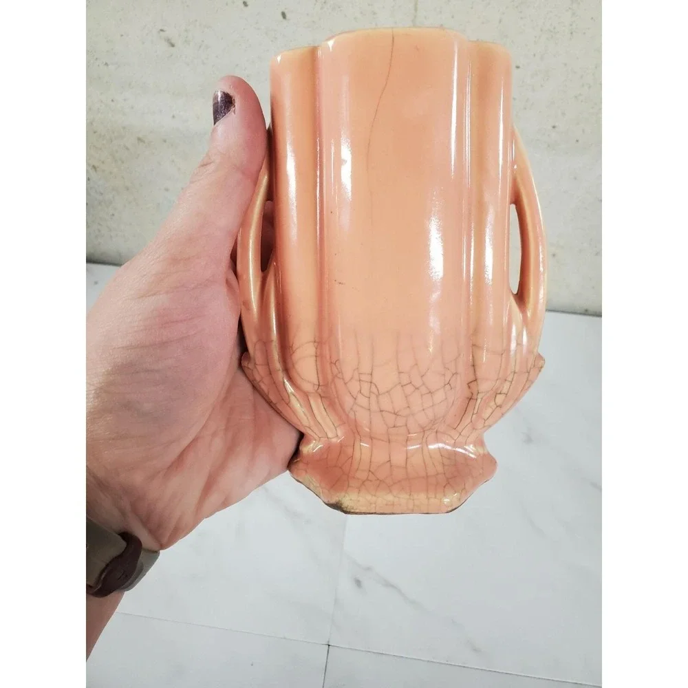 McCoy Pottery Vase, Shape 105, Coral Pink Crackle Crazing Art Deco Mcm Mid Centu